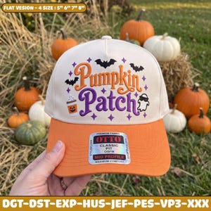 May include: A cream-coloured baseball cap with an orange brim featuring the text Pumpkin Patch in orange and purple, accompanied by black bat graphics, a coffee cup, and a ghost icon. A sticker on the brim reads OTTO Classic Fit OSFM.