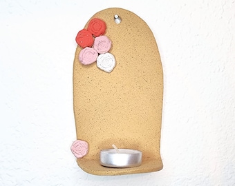 Rose Adorned Hanging Ceramic Altar Shrine Stone Ware Hand Made Clay Shelf Candle Holder