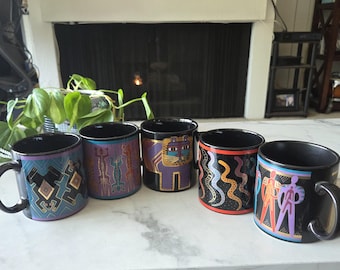 Vintage Laurel Burch Mugs Set of 5, Made in Japan, 1980's Mug, Colorful Black Ceramic Art Mugs, Gold Detail, Retro Collectible Cups