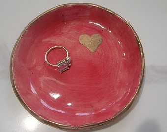 24k Gold Luster Heart Small Red Handmade Ceramic Stoneware Ring Dish Jewelry holder Smudge Bowl Candle Holder