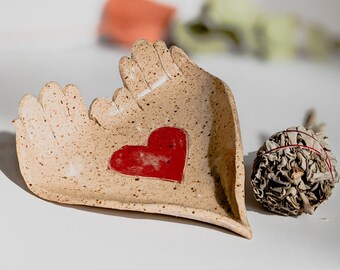 Loving Hands Ceramic Pink Heart Dish, Jewelry Dish, Ring Dish, Smudge Bowl