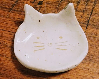 One Tiny White Kitty Ring Dishes, Ceramic Handmade Jewelry Holder