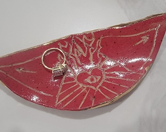 24k Gold Rimmed Heart On Fire Evil Eye Ceramic Handmade Stoneware Jewelry Tray Smudge Bowl