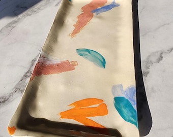 Large Rectangular Modern Dinner Ware Serving Platter Water Colored Art Ceramic Stone Ware Plate Hosting Dish Dinner Party