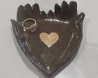 24k Gold  heart Loving Hands Ceramic Dark Brown Stoneware Dish, Jewelry Dish, Ring Dish, Smudge Bowl