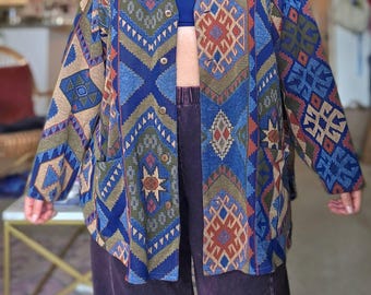 1990's Vintage Lightweight Button Up Jacket Southwestern Tapestry Oversized Cardigan
