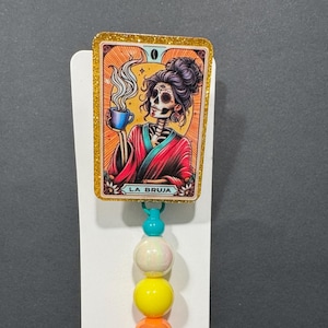 La Bruja Skeleton Tarot Karte Schädel Mama Kaffee stolz Spanisch Fuerte Rico Rican Glitzer Abzeichen Reel Geschenk