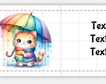 Adressetiketten Printable DOWNLOAD Happy Mail tauschen Versand Mailing Süß Kawaii Aquarell Katze Regenbogen Regen Umbrella Rainy Day Ombre