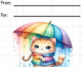 Ausdruckbarer SOFORT-DOWNLOAD-Tag-Einsatz RAK Wish Group Label Pen Pal Supplies Happy Mail Aquarell Katze Regenbogen Regen Regenschirm Regentag Ombre