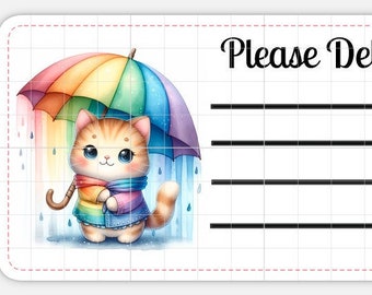 Druckbare INSTANT DOWNLOAD PDT Bitte liefern an Etiketten Adressetikett Adresse Versandetikett Regenbogen Katze Regenschirm Regentag Kätzchen