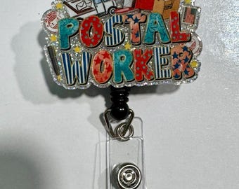 Truck mail man clerk shipping package mail box happy mail carrier postal worker sassy colorful medical teacher glitter badge reel gift