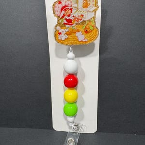 Cute Strawberry Shortcake 80&#39;s Retro Kid Cartoon Administrative Assistant Secretary Office glitter beaded badge reel gift
