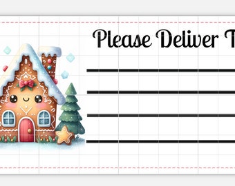 Druckbares SOFORT-DOWNLOAD PDT Bitte an Etiketten liefern Versandetikett Adresse Versand Weihnachtsbaum Lebkuchenhaus Süßigkeiten Schnee Winter