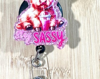 Stay sassy pig boujee oink pink drink bow rainbow tie dye animal creature sassy medical teacher glitter badge reel gift
