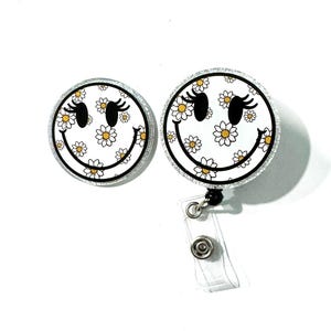 Happy smile face flowers floral smiley hippy emoji sassy medical teacher glitter badge reel gift