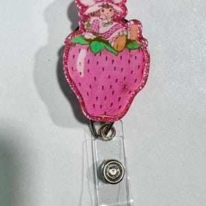 Strawberry Shortcake 80&#39;s cartoon retro medical teacher glitter badge reel gift