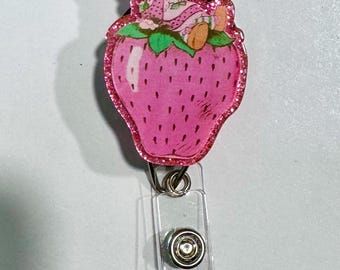 Strawberry Shortcake 80&#39;s cartoon retro medical teacher glitter badge reel gift