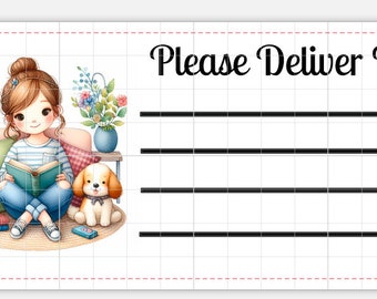 Printable INSTANT DOWNLOAD PDT Please Deliver To Labels Mailing Label Address Kawaii Shipping Girl Books Reading Library Read