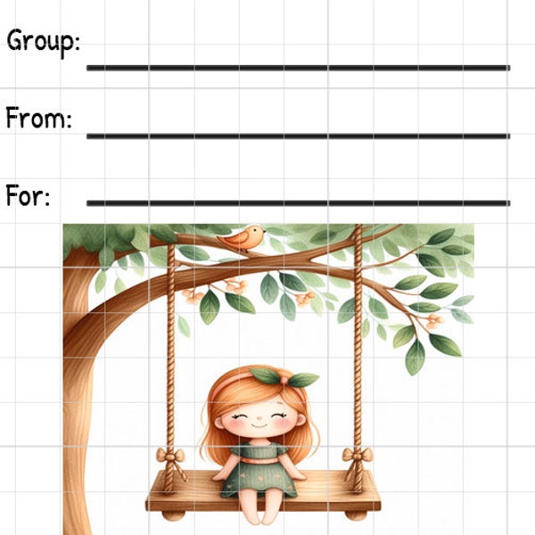 Printable INSTANT DOWNLOAD Tag Insert RAK Wish Group Label Pen Pal Supplies Happy Mail Kawaii Girl Swing Tree Set Playground Swinging Play