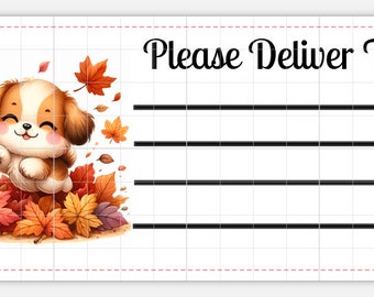 Druckbares SOFORT-DOWNLOAD PDT Bitte liefern an Etiketten Versandetikett Adresse Versand Zwischenablage Hund farbige Blätter Herbst Herbstlaub