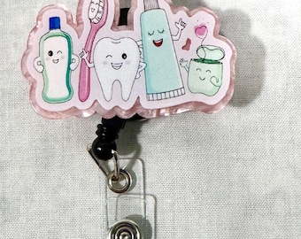 Dental Dentist hygientist medical tooth teeth brush floss pills medicine sassy medical teacher glitter badge reel gift