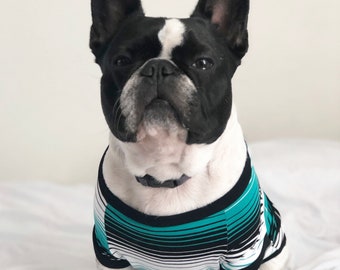 Homerun Pup Shirt - Green Stripes  (clothes for French Bulldog, frenchie clothing)