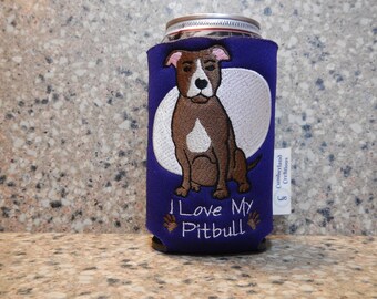 I Love My Pitbull Embroidered Can Cooler, Can Sleeve, Dog Lover, Gifts Under 10