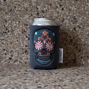 Sugar Skull Embroidered can cooler, Day of the Dead, Día de Muertos.