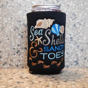 Sea Shells and Sandy Toes Embroidered Can Cooler, Beach Theme, Caribbean Cruise,  Family Vacation, Fun in the Sun