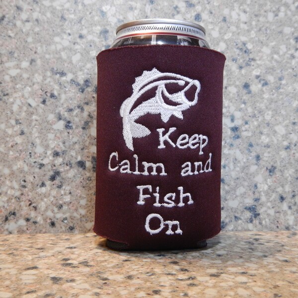 Keep Calm and Fish On Embroidered Can Cooler, Can Sleeve, Bass Fishing, Gifts for Him, Gifts for Her, Outdoor Lover, Gifts Under 10, Fishing
