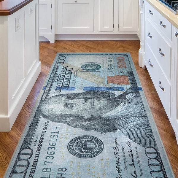 New Hundred Dollar Bill Green Blue Novelty Runner Flat-Weave Rug