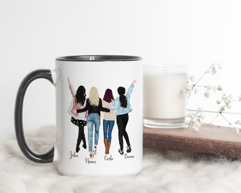 Four Friends Mug, 4 Best Friends Coffee Mug, Personalized Coffee Mug For Four Friends, Four Sisters Coffee Mug, Four Best Friends Mug 15 oz Black Rim Mug