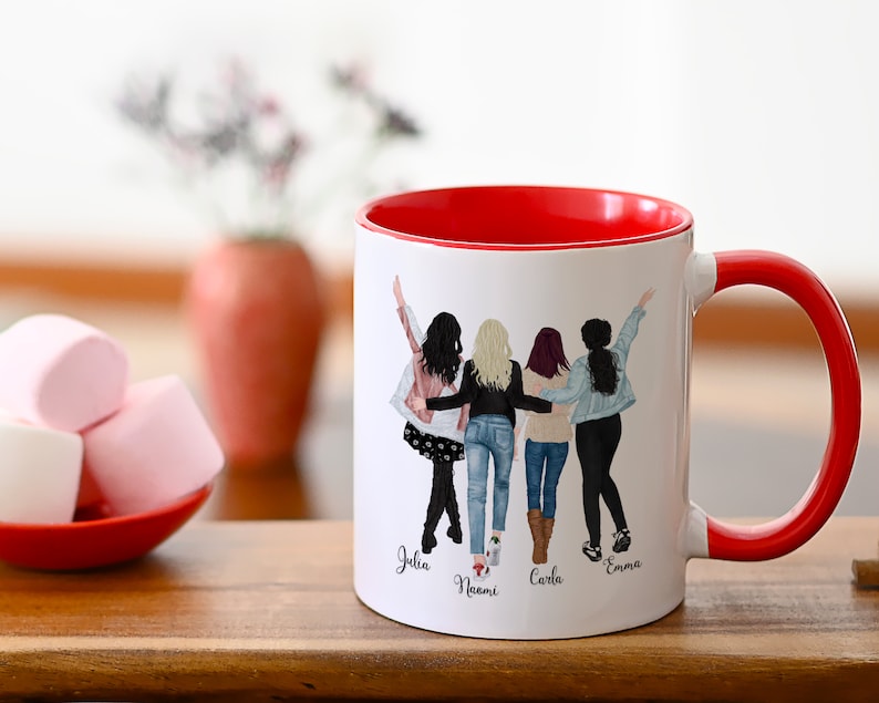 Four Friends Mug, 4 Best Friends Coffee Mug, Personalized Coffee Mug For Four Friends, Four Sisters Coffee Mug, Four Best Friends Mug 11 oz Red Rim Mug