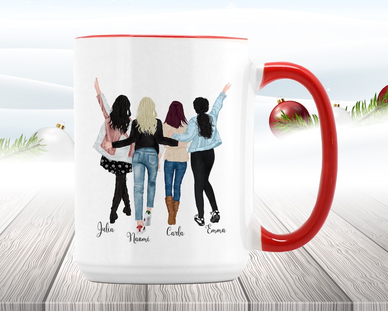 Four Friends Mug, 4 Best Friends Coffee Mug, Personalized Coffee Mug For Four Friends, Four Sisters Coffee Mug, Four Best Friends Mug 15 oz Red Rim Mug