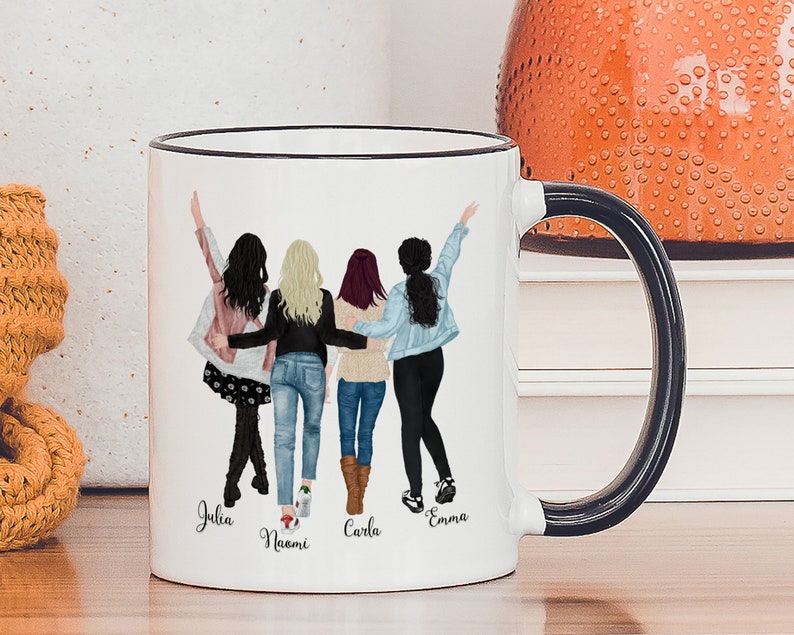 Four Friends Mug, 4 Best Friends Coffee Mug, Personalized Coffee Mug For Four Friends, Four Sisters Coffee Mug, Four Best Friends Mug 11 oz Black Rim Mug