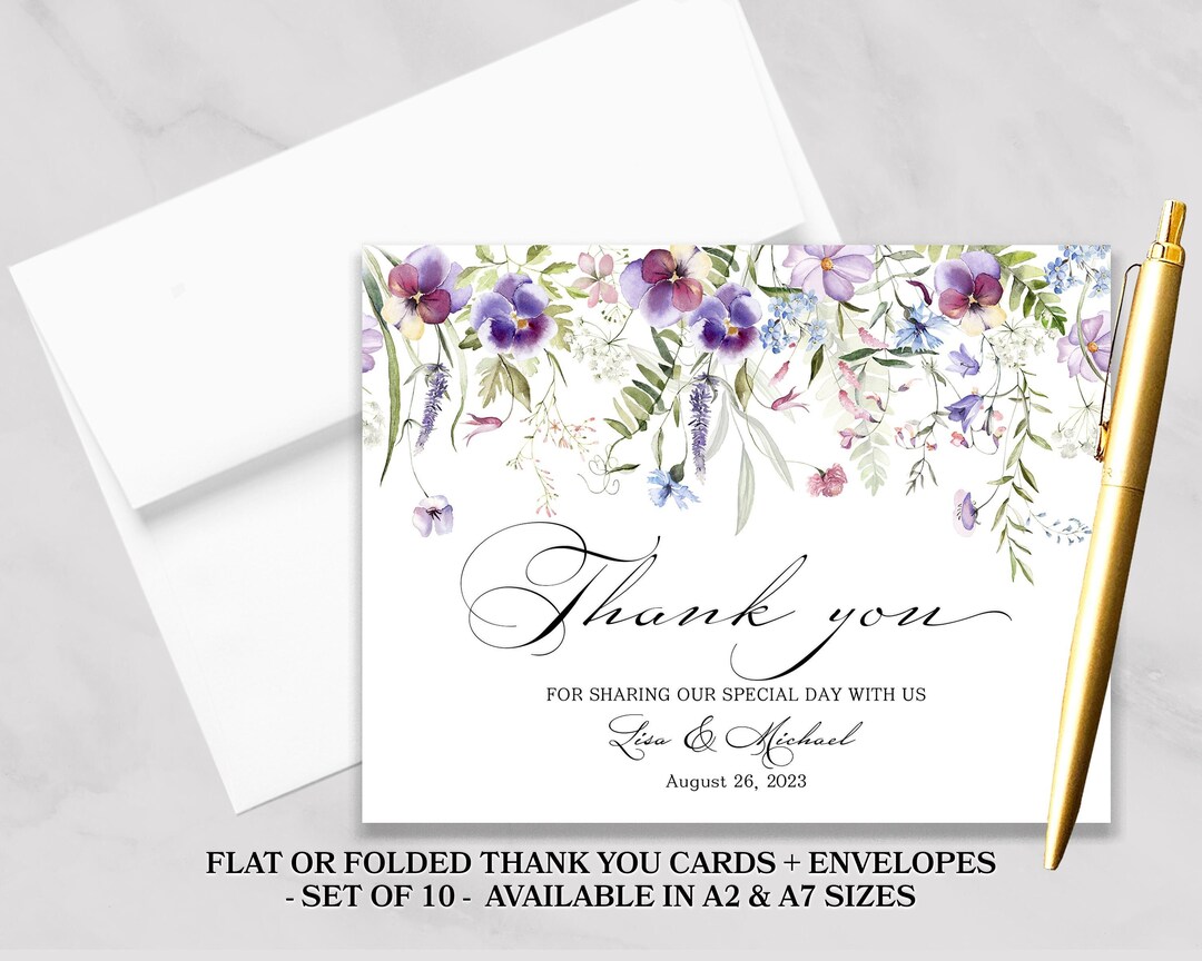 Personalized Floral Thank You Card Set Wild Flowers Wedding Thank You ...