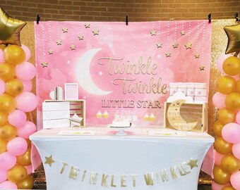 Pink Twinkle Twinkle Little Star Backdrop Clouds Baby Girl Princess Shower Birthday Party Decorations Watercolor Photography Background