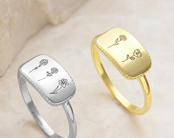 Mothers Birth Flower Ring - Signet Ring Personalized Gift for Mom Jewelry Gift for Her  - Custom Silver Ring - Promise Ring