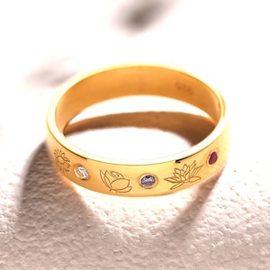 Custom Birth Flower and Birthstone Ring Sterling Silver Birthstone Ring for Mom - Mothers Ring- Birthstone Rings For Women - Jewelry