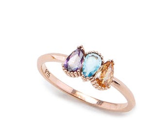 14K Solid Rose Gold Mothers Birthstone Ring with 2 or 3, 4, 5 Stone, Lifetime Personalized Mother Gift, Personalized Birthstone Jewelry