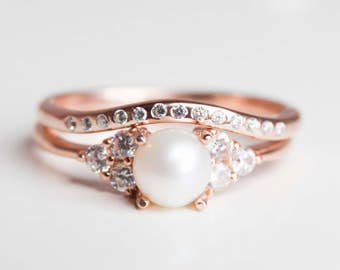 Rose Gold Wedding Ring Set - Engagement Ring Set - Vintage Wedding Ring Set - Art Deco Engagement Ring - Wedding Bands for Women