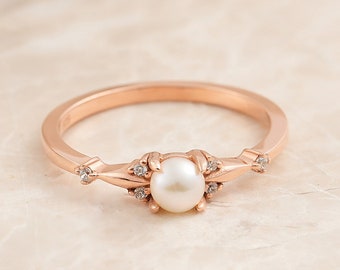 14k Gold Pearl Engagement Ring - Diamond Engagement Ring - Engagement Rings for Women - Dainty Ring - Pearl Jewelry - Promise Ring