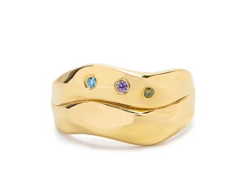 Chunky Gold Signet Ring with Multiple Birthstones