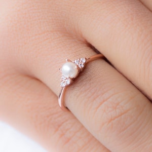 Pearl and Diamond Engagement Ring, Dainty Rose Gold Ring, Engagement Rings for Women, Statement Promise Rings