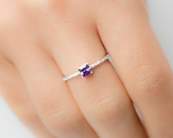 Custom Birthstone Ring - Amethyst Ring - Princess Cut Ring - Silver Birthstone Ring - Birthstone Jewelry - Silver Engagement Ring