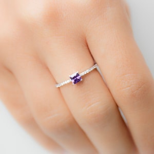 Custom Birthstone Ring Amethyst Ring Princess Cut Ring Silver Birthstone Ring Birthstone Jewelry Silver Engagement Ring image 1