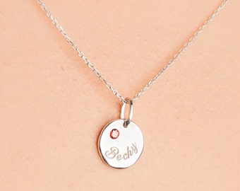 Custom Hand Stamped Name Necklace - Name Necklace With Birthstone - Hand Stamped Jewelry - Hammered Silver Disc Necklace