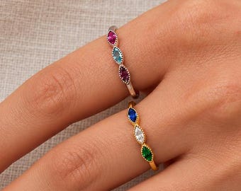 Personalized Marquise Birthstone Ring, Sterling Silver, Custom Family Jewelry