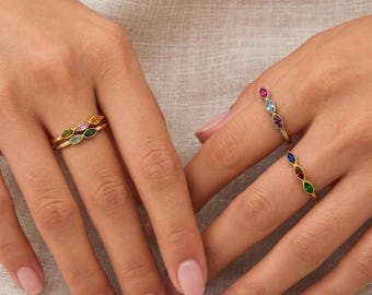 Personalized Birthstone Ring, Marquise Family Ring, Custom Mothers Ring with 1 to 5 Stones