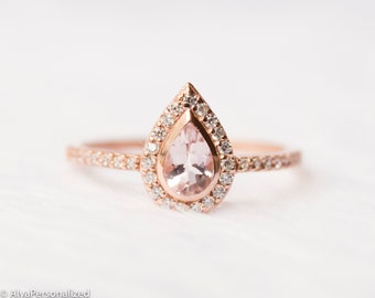 Pear Shaped Morganite Diamond Engagement Ring Rose Gold, Engagement Rings For Women, Unique Engagement Ring, Womens Gift, Gift For Her